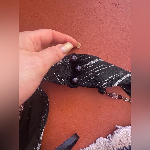 90s Vintage Fredricks of Hollywood Slinky Black Halter Dress w Beaded Chains - Picture 5 of 9